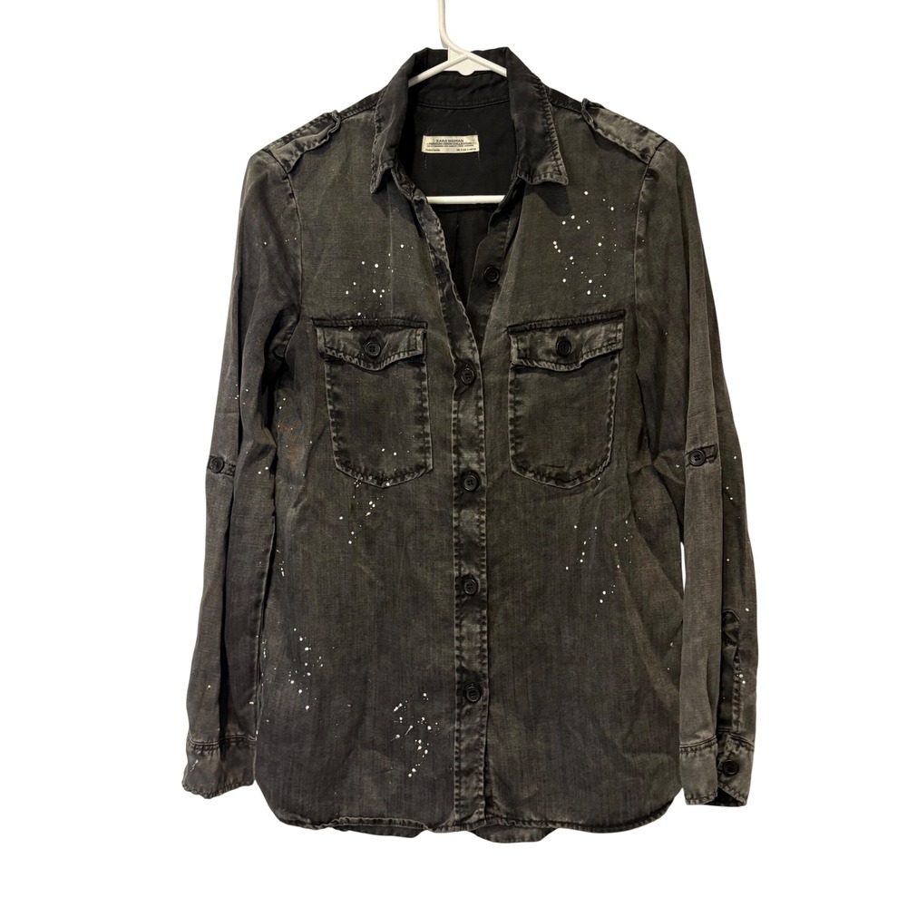 Zara Denim Shirt S Black Paint Splatter Utility Roll Tab Button Down Grunge